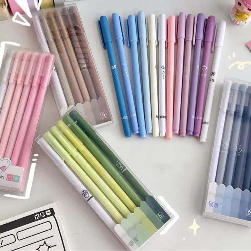 6Pcs/Box Simplicity Gel Pen Fashion Gradient Pen Solid Color 0.5Mm Black Ink Gel Pen Lovely Stationery Pen Writing Supplies