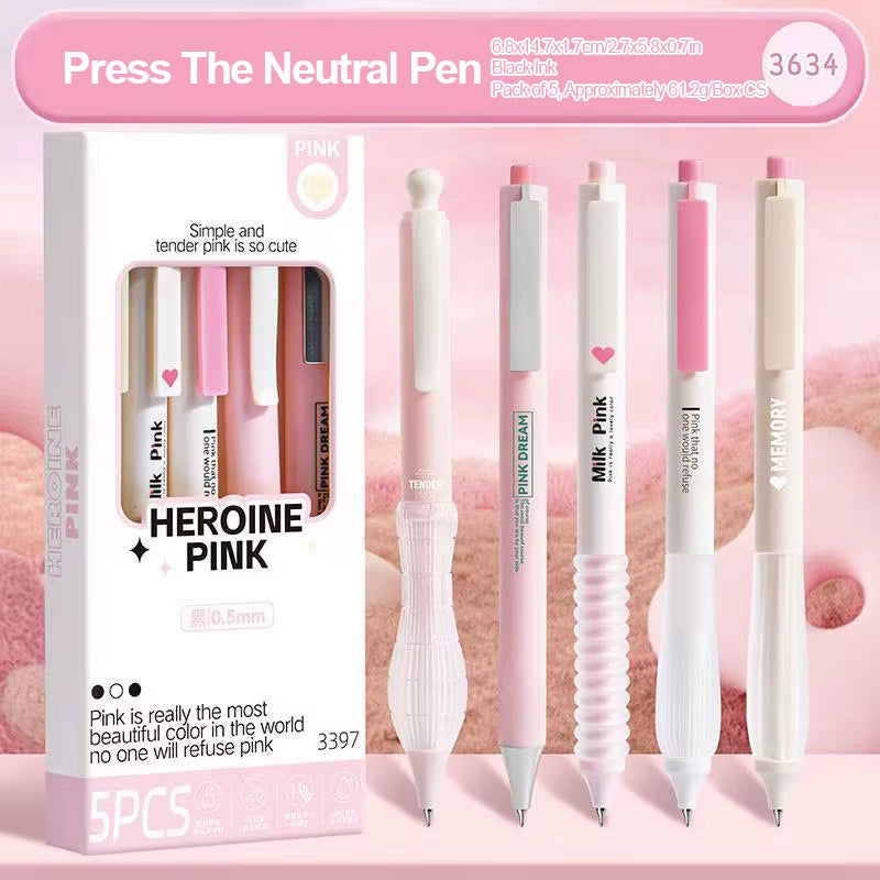 5PCS Gradient Color Press Pen Neutral Pen Full Carbon Set Creative Stationery Student Brushing Pen Signature Pen Black Pen