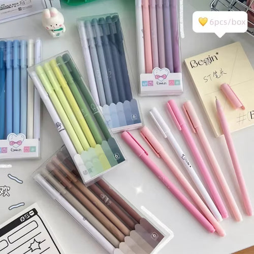 6Pcs/Box Simplicity Gel Pen Fashion Gradient Pen Solid Color 0.5Mm Black Ink Gel Pen Lovely Stationery Pen Writing Supplies