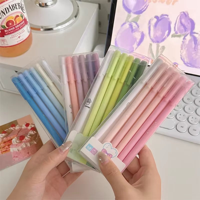 6Pcs/Box Simplicity Gel Pen Fashion Gradient Pen Solid Color 0.5Mm Black Ink Gel Pen Lovely Stationery Pen Writing Supplies