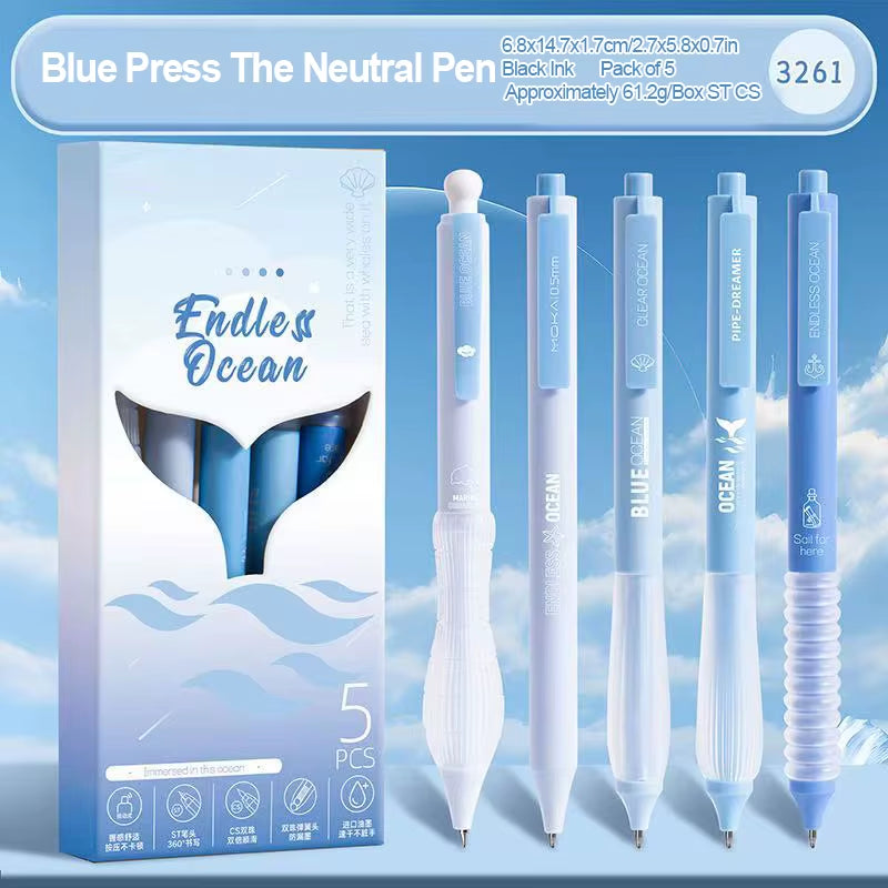 5PCS Gradient Color Press Pen Neutral Pen Full Carbon Set Creative Stationery Student Brushing Pen Signature Pen Black Pen